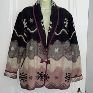 Vtg 90s Flashback black, cream & pink cottage Indian blanket coat/snowflakes